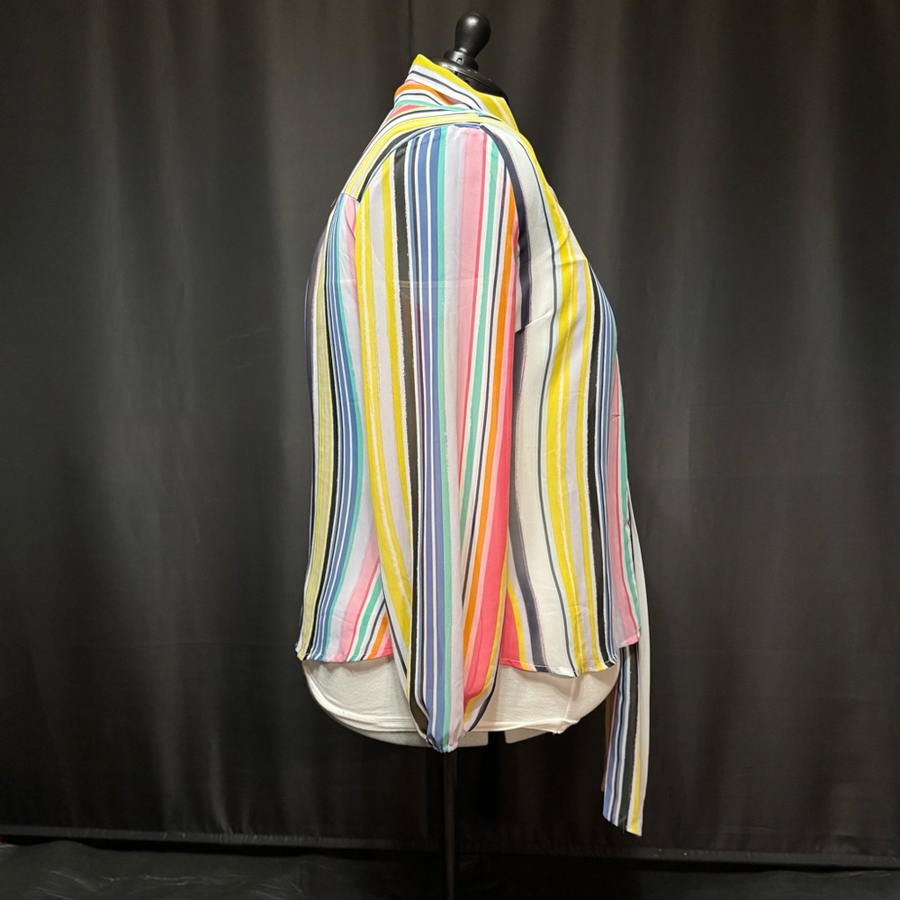 New York & Company Rainbow Sheer Vertical Stripes Tie-Neck Blouse | Size XL - Picture 4 of 16